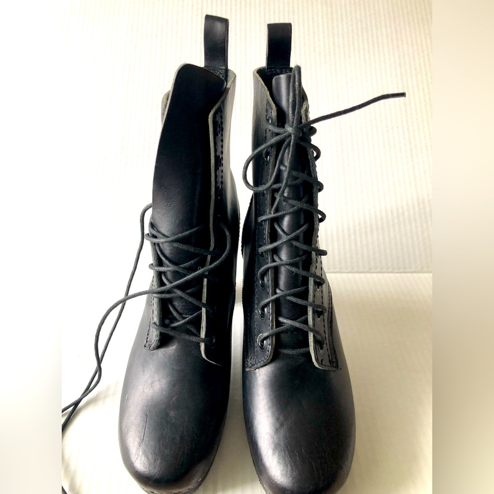❌Sold❌ Swedish Hasbeens Lace Up Black Leather Wooden Platform Clog/Mule Boots